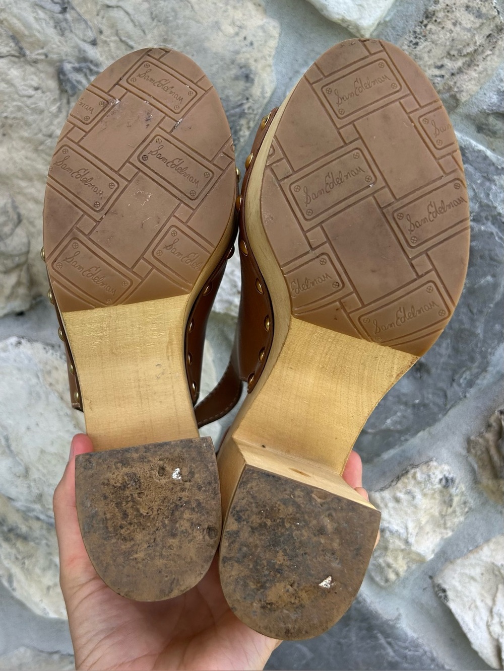 Sam Edelman Chunky Platform Clogs 8.5 Brown Leather Peep Toe Boho Beach Festival - Picture 5 of 7